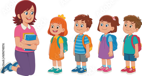 Teacher greeting happy school children, kids wearing backpacks, first day of school illustration, education, learning, classroom, cartoon characters smiling