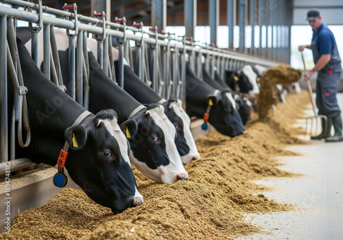 Healthy dairy cows feeding on fodder standing in row of stables in cattle farm barn with worker adding food for animals in blurred background. Concept of farming business and taking care of livestock