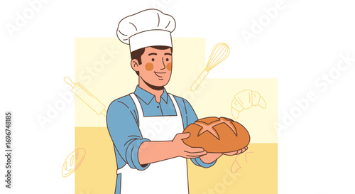 Cheerful Baker Proudly Holding Freshly Baked Loaf Of Bread In A Bright Kitchen
