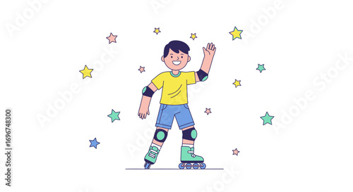 Cheerful Boy Rollerblading, Sporting Protective Gear, Surrounded By Starry Embellishments