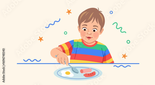 Cheerful Boy Smiling While Enjoying Breakfast Of Eggs And Sausages At The Table