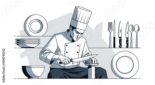 Chef Sharpening Culinary Knife In Kitchen Ready For Food Preparation And Service