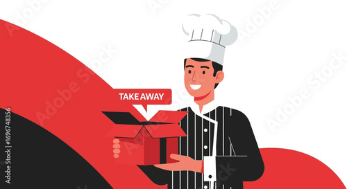 Chef Showcases Takeaway, Presenting Red Box Of Meal For Customers In Delightful Style