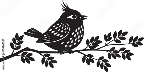 Black Silhouette Of A Cute Bird With Crest Sitting On A Branch Keywords: bird, silhouette, crest, cute, sitting