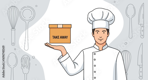 Chef Showing Takeaway Box in a Kitchen Setting, Ready to Deliver Prepared Food