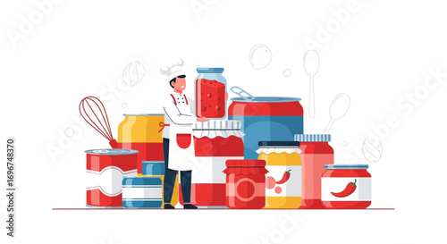 Chef Showing Canned Food and Preserves, Illustration of A Professional Preparing Recipes