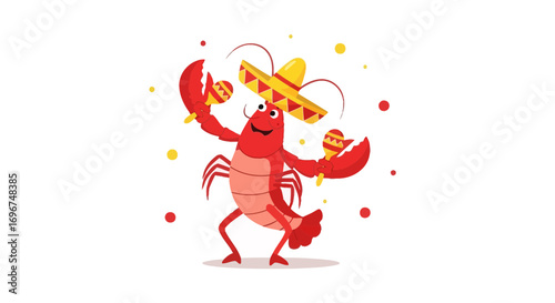 Cheerful Cartoon Lobster Wearing Hat and Playing Maracas in Festive Celebration