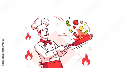 Cheerful Chef Cooking Vegetables in a Frying Pan with Fire and Expression Vector
