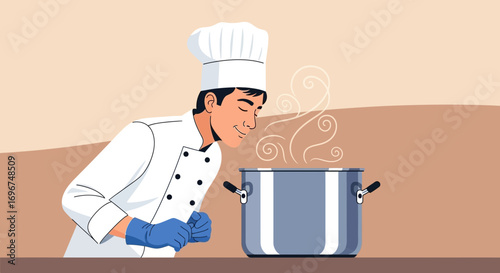 Chef Smelling Delicious Aroma Coming From The Steaming Pot In The Kitchen