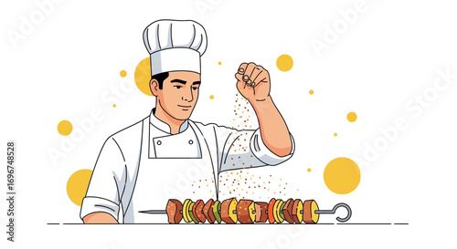 Chef Sprinkling Seasoning Over Grilled Skewers, Culinary Art, Food Preparation Illustration