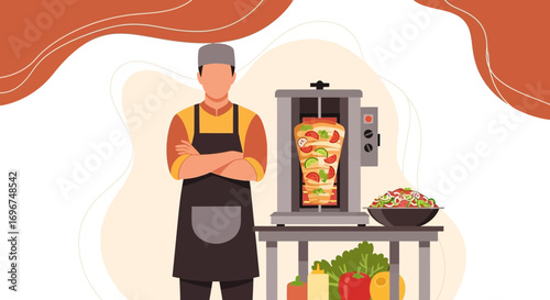 Chef Standing At Shawarma Preparation station With Fresh Salad And Ingredients Ready