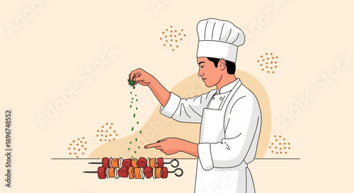 Chef Sprinkling Spices On Skewers For Delicious Grilled Kebab, Culinary Illustration Design