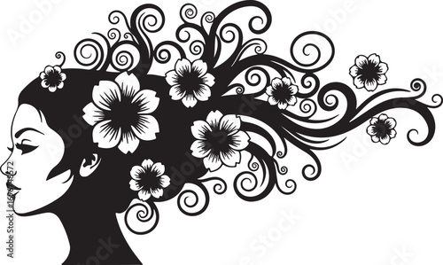 Black Silhouette Profile of a Woman with Flowers and Swirling Hair vector illustration