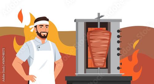 Chef Stands Proudly Near Rotisserie, Ready To Serve Delicious, Freshly Grilled Meat
