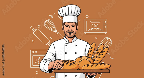 Cheerful Chef Holding Assortment Of Bread Loaves In A Modern And Artistic Style Illustration