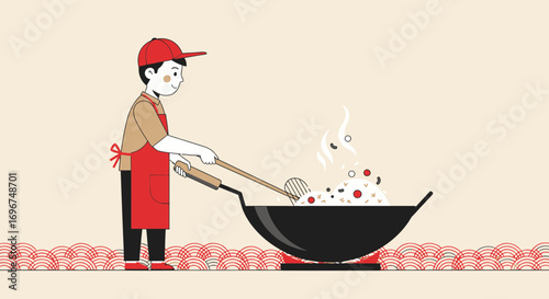 Chef's Joyful Cuisine: A Vibrant Illustration Of Asian Food Preparation And Cooking