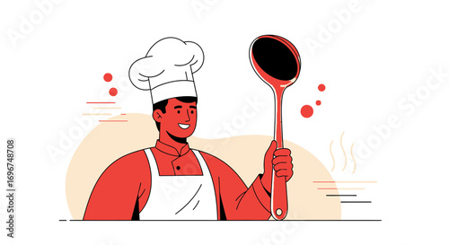 Cheerful Chef with a Ladle Ready to Serve Dishes in the Kitchen Environment