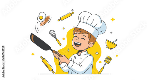 Cheerful Chef with Culinary Tools Creating Delightful Food from Kitchen Essentials