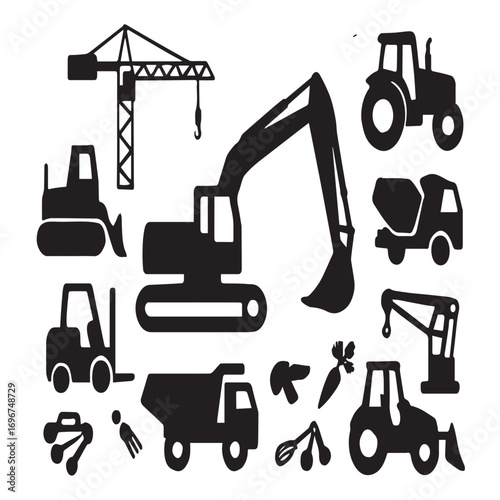 Construction and agricultural machinery isolated on white background are displayed