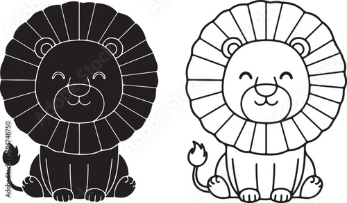 Cute cartoon lion in silhouette and outline with a happy expression and mane