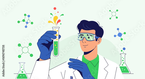 Chemist Performs Experiment In A Lab, Science Illustrated And Represented With Fun Elements