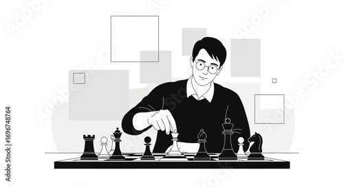 Chess Player Making a Strategic Move on the Chessboard with Thoughtful Facial Expression
