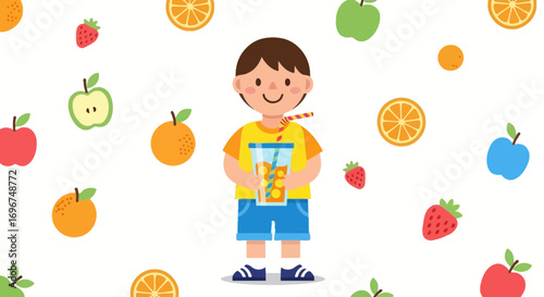 Cheerful Child Drinks Fresh Fruit Juice, Joyfully Surrounded by Colorful Produce