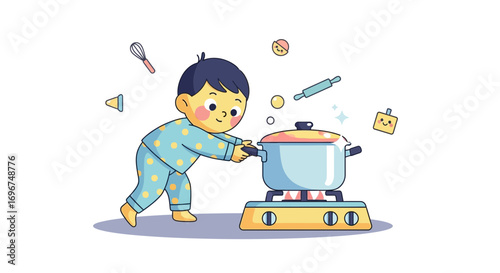 Child Adorably Cooking and Playing With Kitchen Tools Representing Childhood Joy