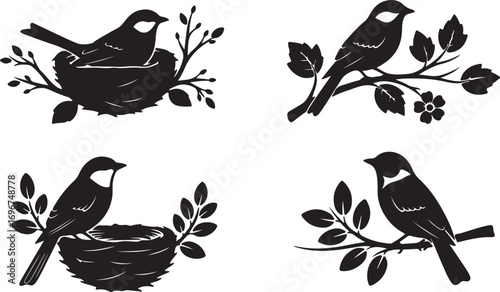 Four Silhouette Bird Designs With Nests And Branches On White Background Keywords: bird, silhouette, nest