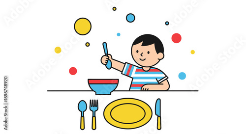 Cheerful Child Preparing To Eat A Meal With Dining Utensils And Dinnerware Ready And Set