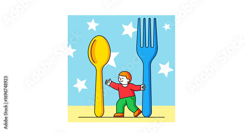 Child Embracing Giant Fork And Spoon With Starry Backdrop In A Cartoon Style