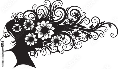 Silhouette of a woman with long flowing hair adorned with flowers and swirls profile