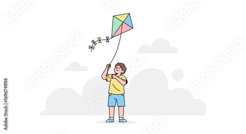 Child Flying A Delightful Colorful Kite In A Sunny Sky For Outdoor Afternoon Play
