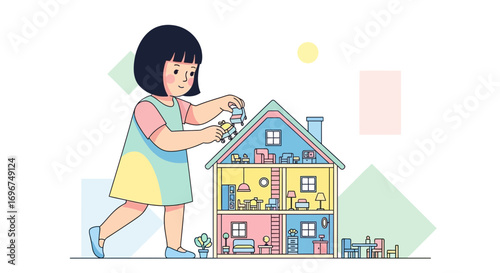 Child Enjoys Playing With a Dollhouse, Illustrating Childhood Creativity and Imaginative Play
