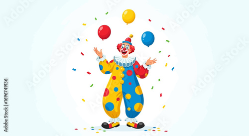 Cheerful Clown Juggling Balloons In Festive Celebration With Colorful Confetti