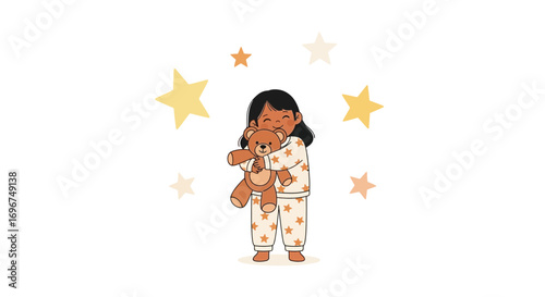 Child Holding Teddy Bear With Stars Surrounded, Ready For The Best Dreamy Sleep