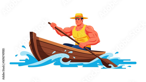 Rowing Champion: A muscular man confidently navigates a rowboat, showcasing strength and skill as he skillfully propels the vessel through the water.