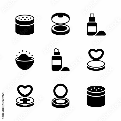 Collection of nine scalable vector icons representing various cosmetic products and makeup application tools for digital and print design