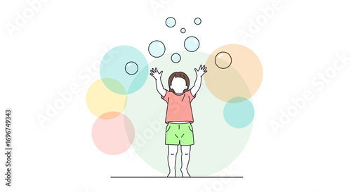 Child Playing With Bubbles and Abstract Colorful Spheres Design Illustration