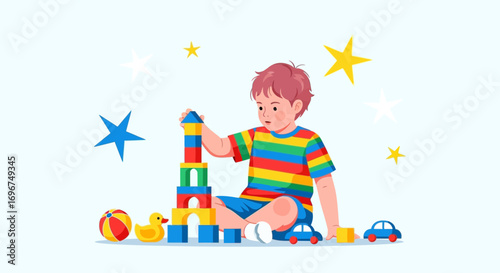 Child Playing With Building Blocks And Other Toys Creating A Fun And Colorful Scene