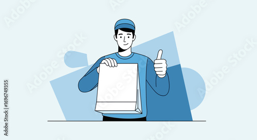 Cheerful Delivery Driver Displaying Package, Giving Thumbs Up Symbolizing Satisfaction