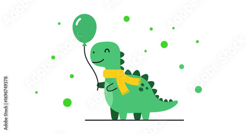 Cheerful Dinosaur Holding Balloon, Fun Illustration, Green Character with a Yellow Scarf