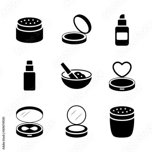 Set of nine black and white vector icons representing cosmetic products and makeup tools in a clean illustration style perfect for graphic design