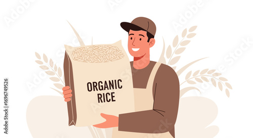Cheerful Farmer Presents Freshly Packed Organic Rice From Cultivated Agriculture Field