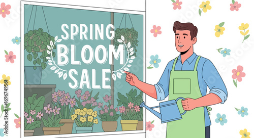 Cheerful Florist Promoting Spring Bloom Sale With Charming Illustration