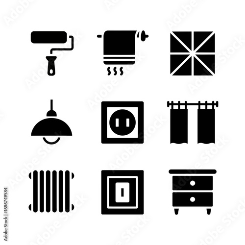 Set of 9 minimalist black and white vector icons for home renovation interior design and building services featuring paint roller towel radiator light fixture and furniture