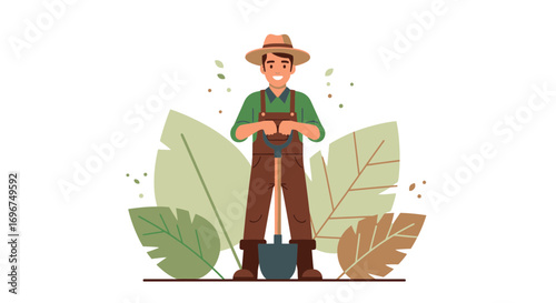 Cheerful Gardener Standing With Shovel Amidst Lush Foliage And Vibrant Environment