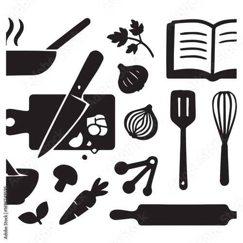Culinary tools and ingredients isolated on white background are arranged neatly