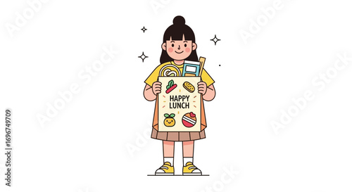 Cheerful Girl Holds Happy Lunch Bag Filled with Treats and Delightful Food