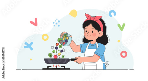 Cheerful Girl Prepares Healthful Food in Kitchen, Cooking Fresh Vegetables and Fruit